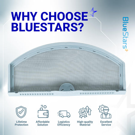 WE03X23881 dryer lint filter replacement for GE dryers with BlueStars branding and service benefits graphic.