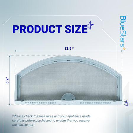 Dimensional diagram of WE03X23881 dryer lint filter showing 13.5 inch width and 6.2 inch height.