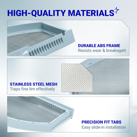 Close-up details of WE03X23881 dryer lint filter showing durable ABS frame, stainless steel mesh, and precision fit tabs.