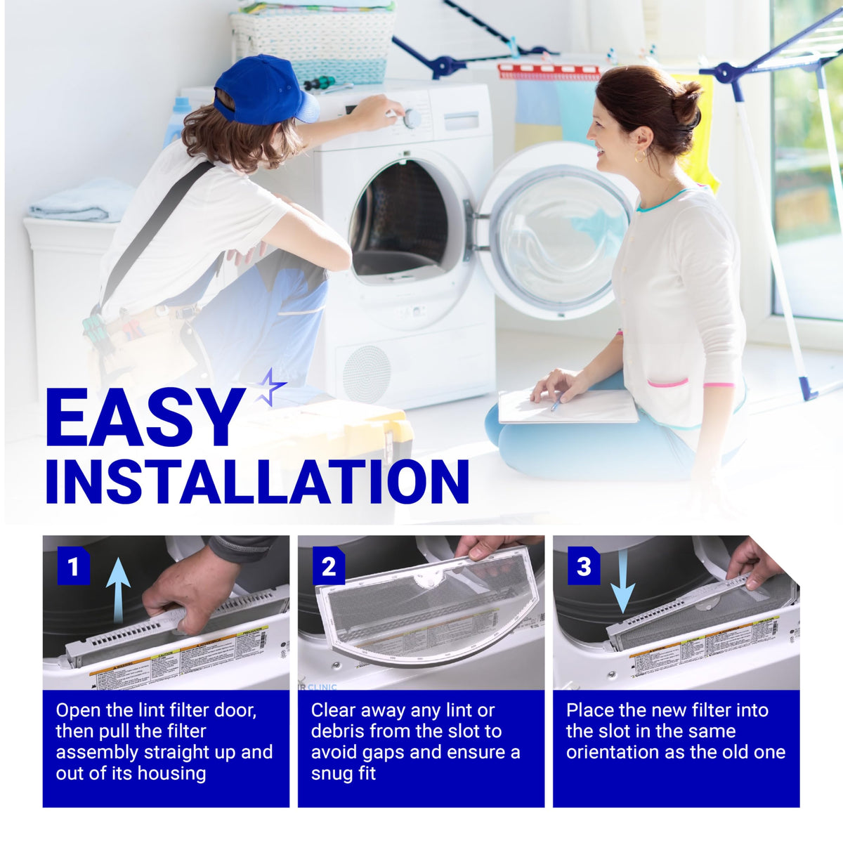 Instructional graphic showing the easy installation steps for the WE03X23881 GE dryer lint filter replacement.