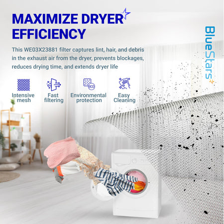 Infographic showing WE03X23881 dryer lint filter benefits, mesh efficiency, and compatibility with GE dryers.