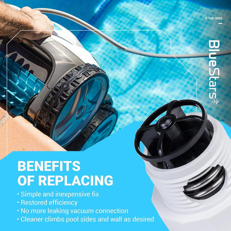 Close-up of 9-100-9002 pressure relief valve replacement part for pool cleaners with benefits text overlay.