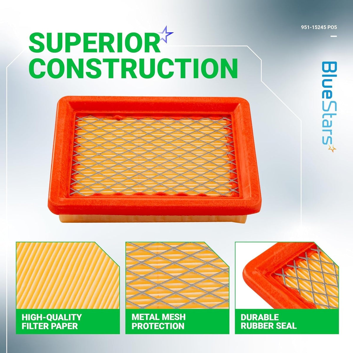 951-15245 air filter showing construction details including filter paper, metal mesh, and rubber seal.