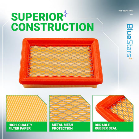 951-15245 air filter showing construction details including filter paper, metal mesh, and rubber seal.