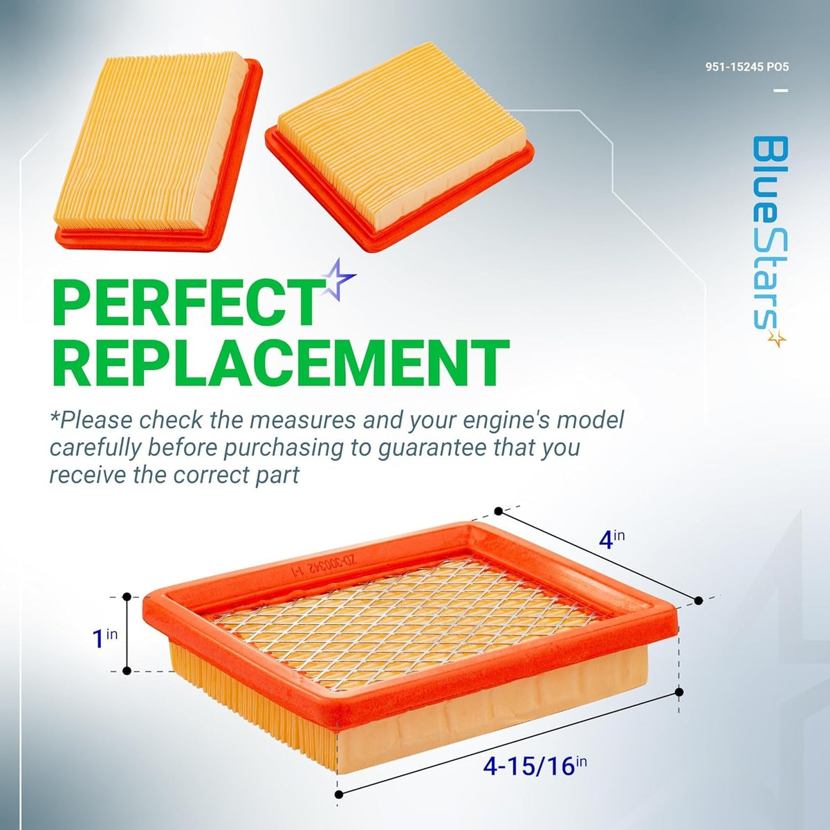 951-15245 air filter replacement showing product dimensions and multiple angles for lawn mower engines.