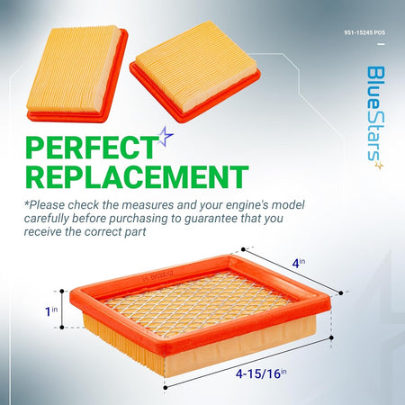 951-15245 air filter replacement showing product dimensions and multiple angles for lawn mower engines.