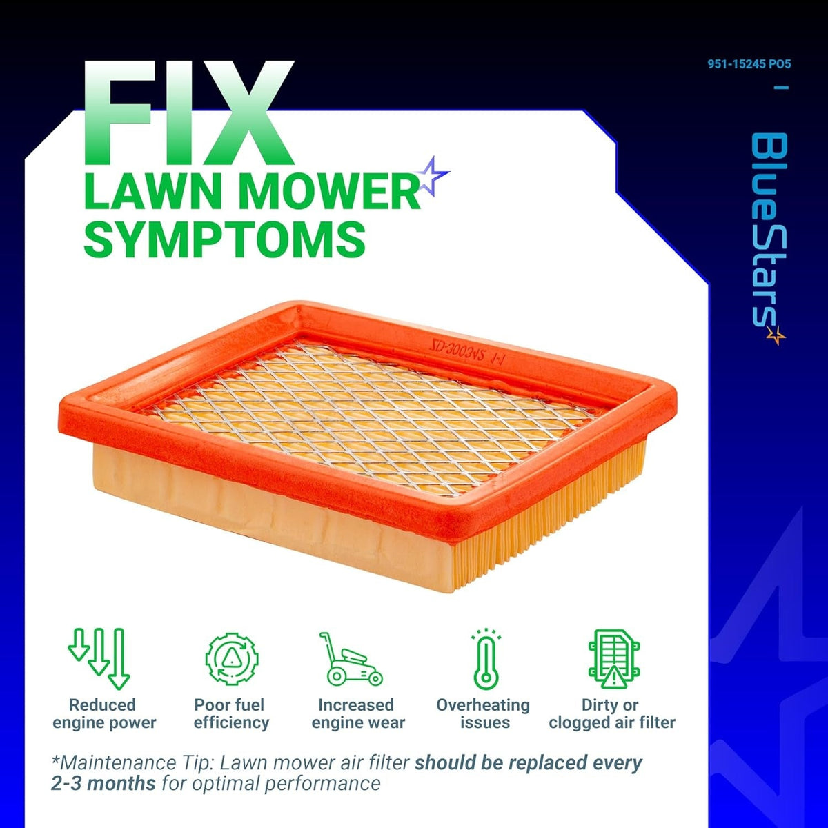 951-15245 lawn mower air filter replacement with maintenance infographic showing symptoms of a clogged filter.