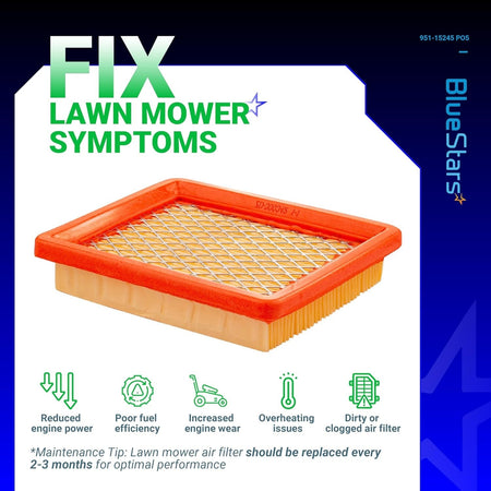 951-15245 lawn mower air filter replacement with maintenance infographic showing symptoms of a clogged filter.