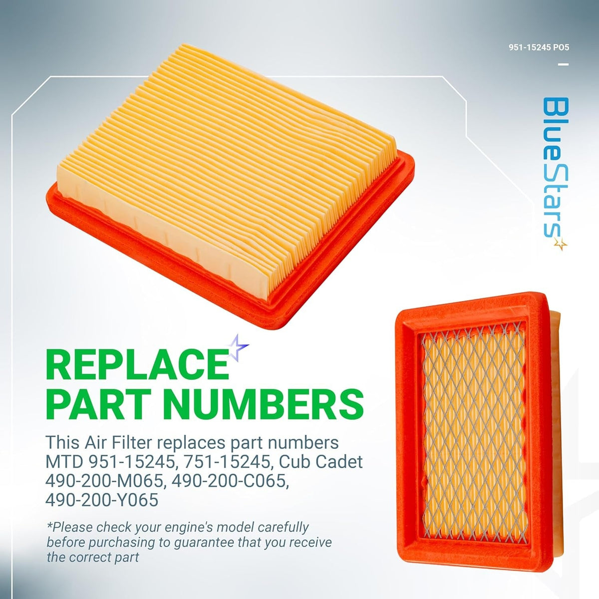 Two views of a rectangular 951-15245 replacement air filter with orange frame and pleated paper element.