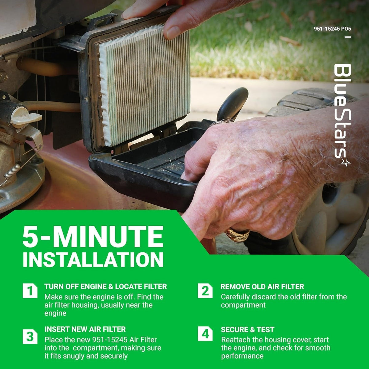 Hands installing a 951-15245 air filter into a lawn mower engine housing with 5-minute installation instructions.