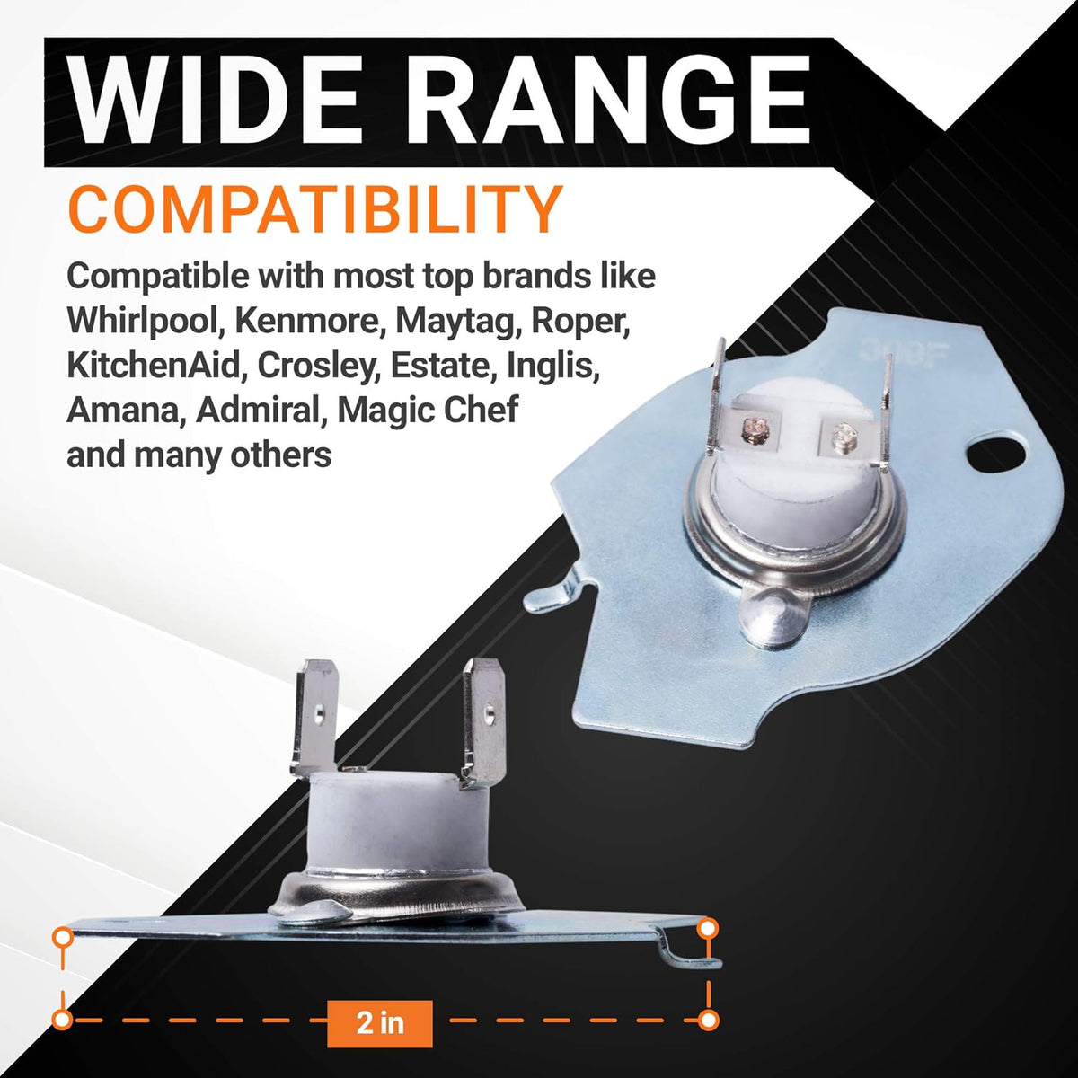 Dryer thermal fuse showing 2-inch width and compatibility details for Whirlpool, Maytag, and Kenmore dryers.