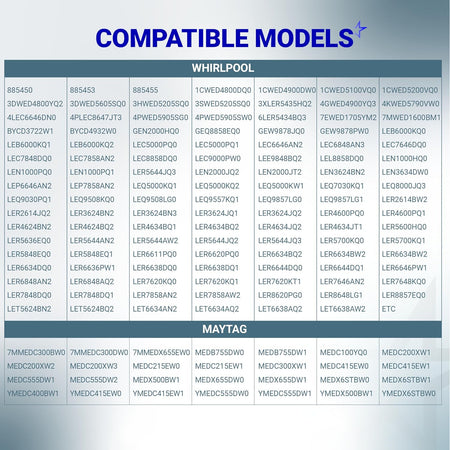 3977393 Dryer Thermal Fuse, compatible models chart listing Whirlpool and Maytag dryer models