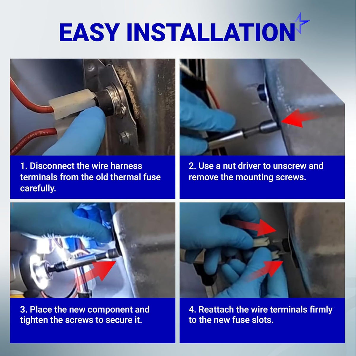 3977393 Dryer Thermal Fuse, four-panel installation guide showing removal, mounting, and wire terminal attachment