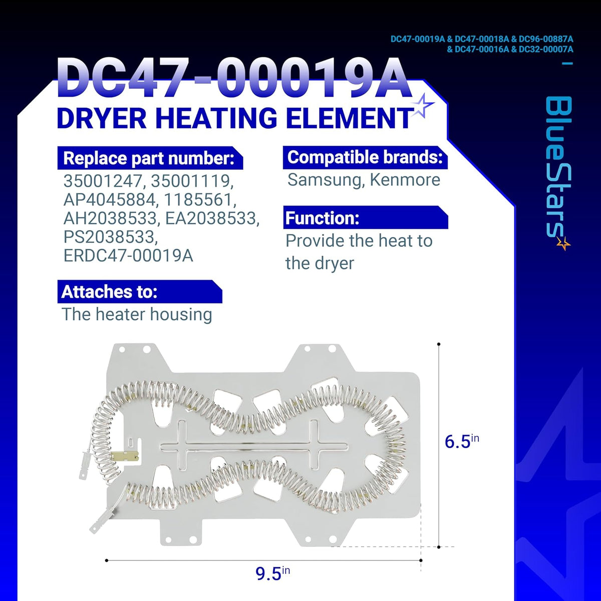 Infographic showing DC47-00019A dryer heating element specifications, dimensions, and compatible part numbers.