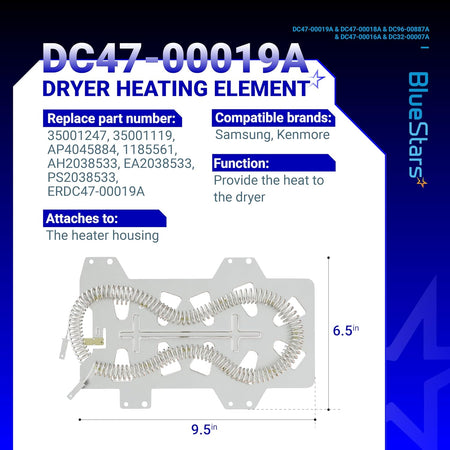 Infographic showing DC47-00019A dryer heating element specifications, dimensions, and compatible part numbers.