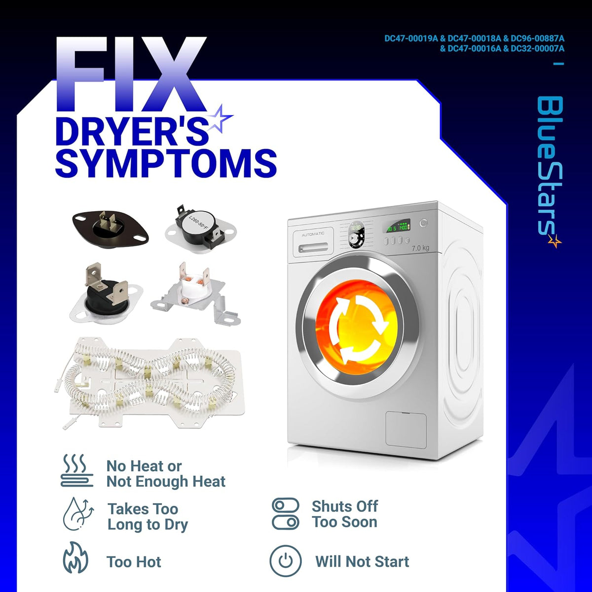 DC47-00019A dryer heating element kit components and troubleshooting guide for common dryer heating issues.