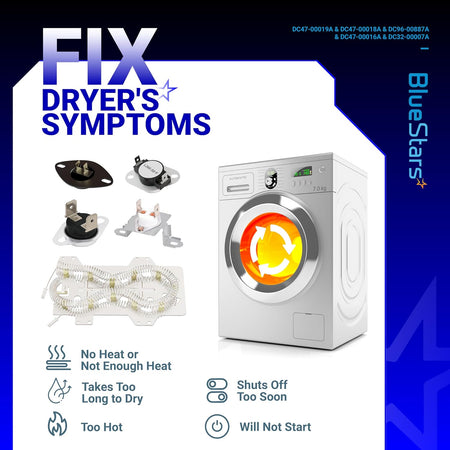 DC47-00019A dryer heating element kit components and troubleshooting guide for common dryer heating issues.