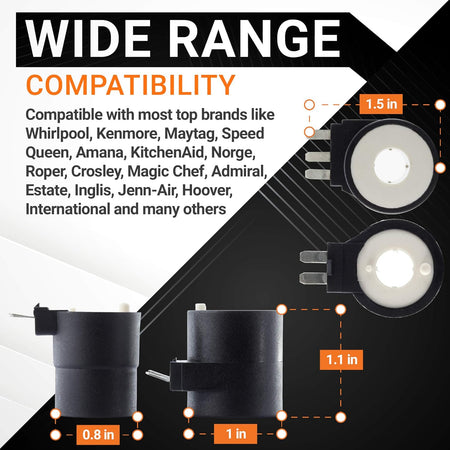 Infographic showing dimensions and compatibility for dryer gas valve ignition solenoid coils.