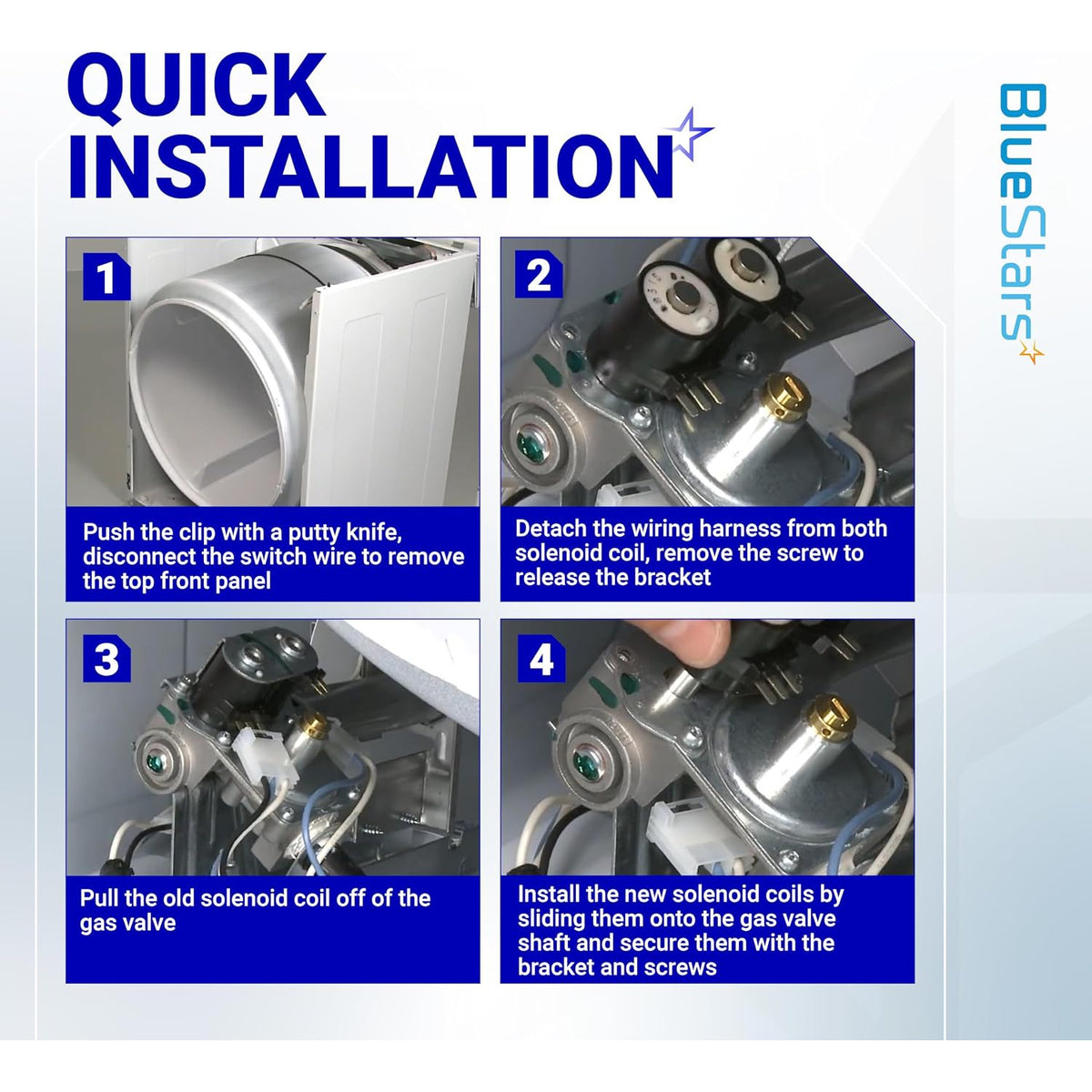 279834 Dryer Gas Valve Ignition Solenoid Coil Kit quick installation guide showing four replacement steps