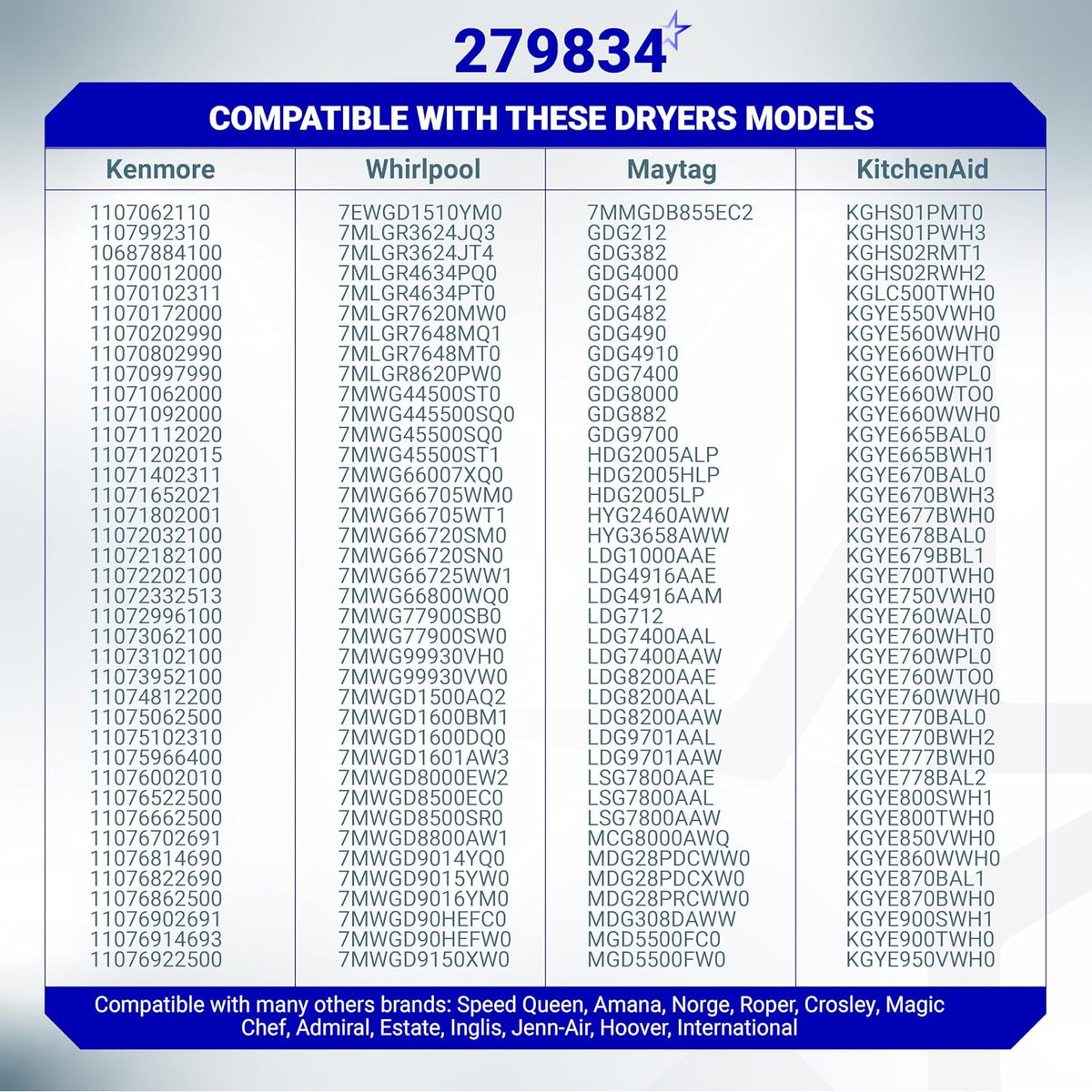279834 Dryer Gas Valve Ignition Solenoid Coil Kit compatibility chart for Kenmore, Whirlpool, Maytag and KitchenAid dryers