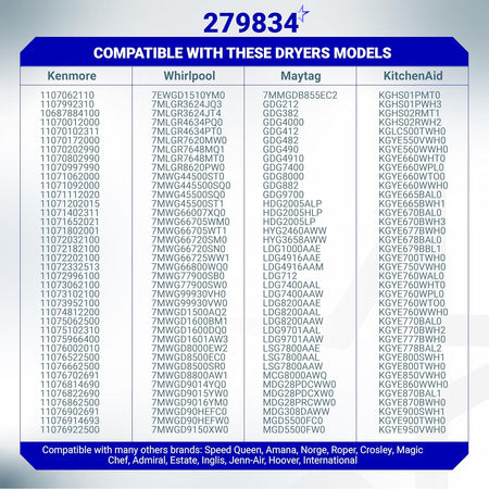 279834 Dryer Gas Valve Ignition Solenoid Coil Kit compatibility chart for Kenmore, Whirlpool, Maytag and KitchenAid dryers
