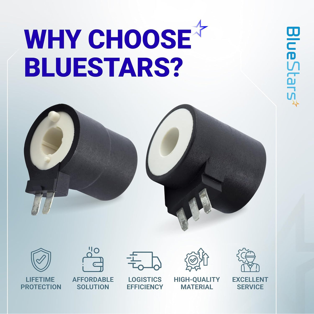 279834 Dryer Gas Valve Ignition Solenoid Coil Kit promotional graphic showing two coils and BlueStars service benefits