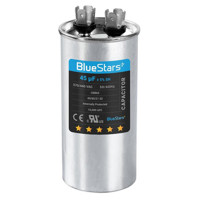 45 uF 370/440 VAC round run capacitor for AC motors and heat pumps with BlueStars label.