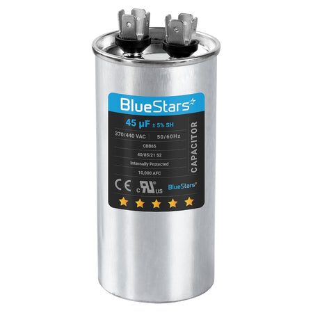 45 uF 370/440 VAC round run capacitor for AC motors and heat pumps with BlueStars label.
