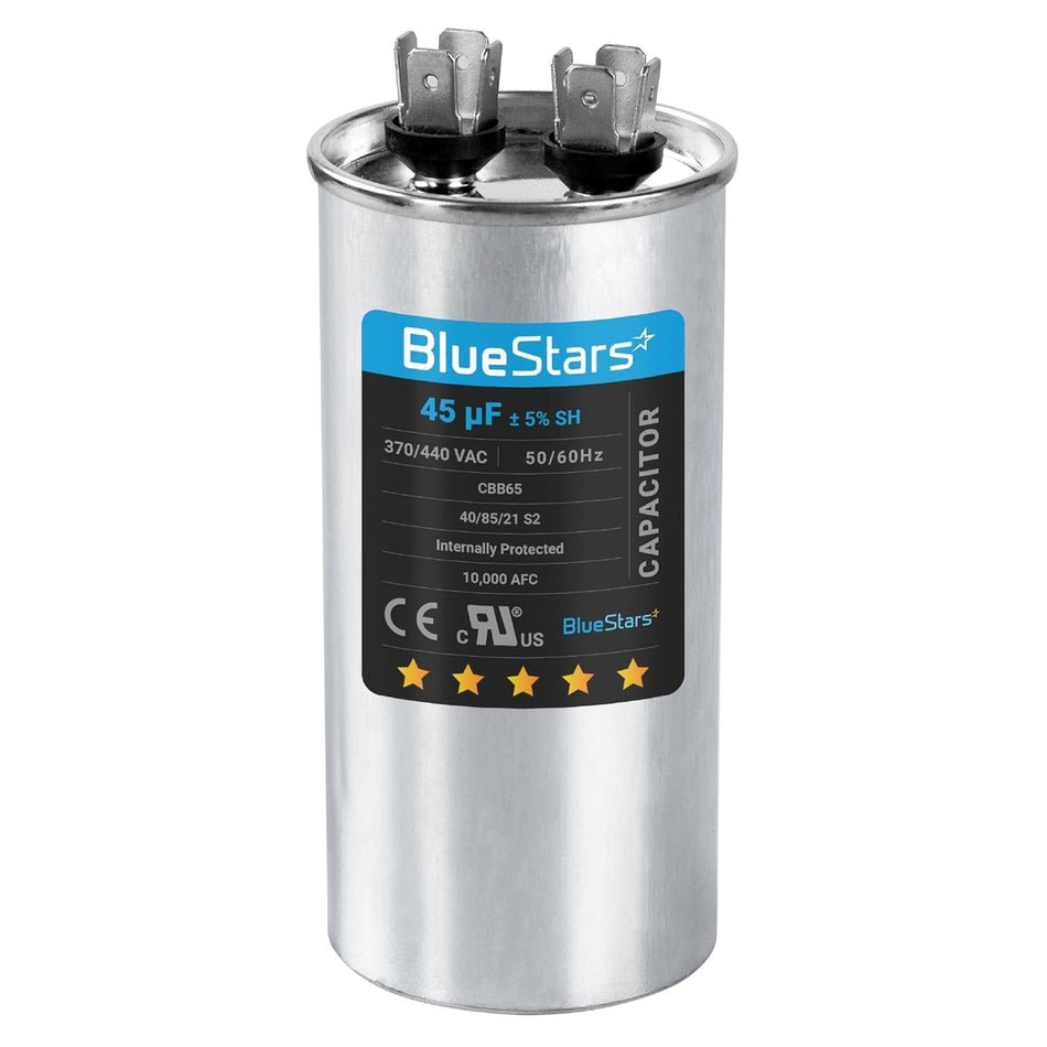 45 uF 370/440 VAC round run capacitor for AC motors and heat pumps with BlueStars label.