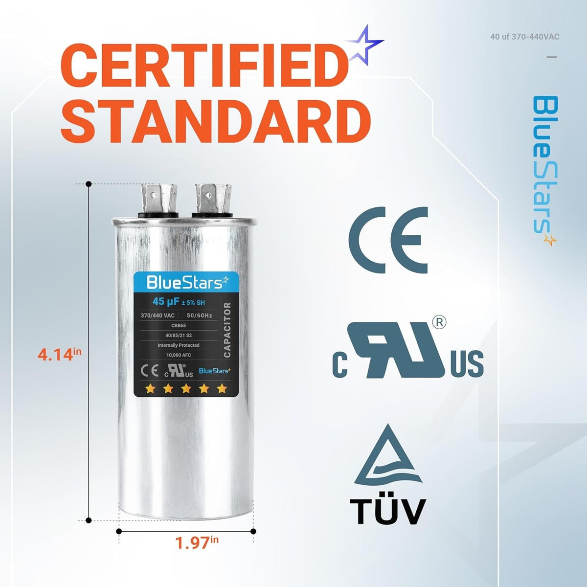 BlueStars 45 uF 370/440 VAC round run capacitor with dimensions labeled 4.14 inches by 1.97 inches.