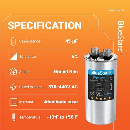 BlueStars 45 uF 370/440 VAC round run capacitor specification chart with technical details.