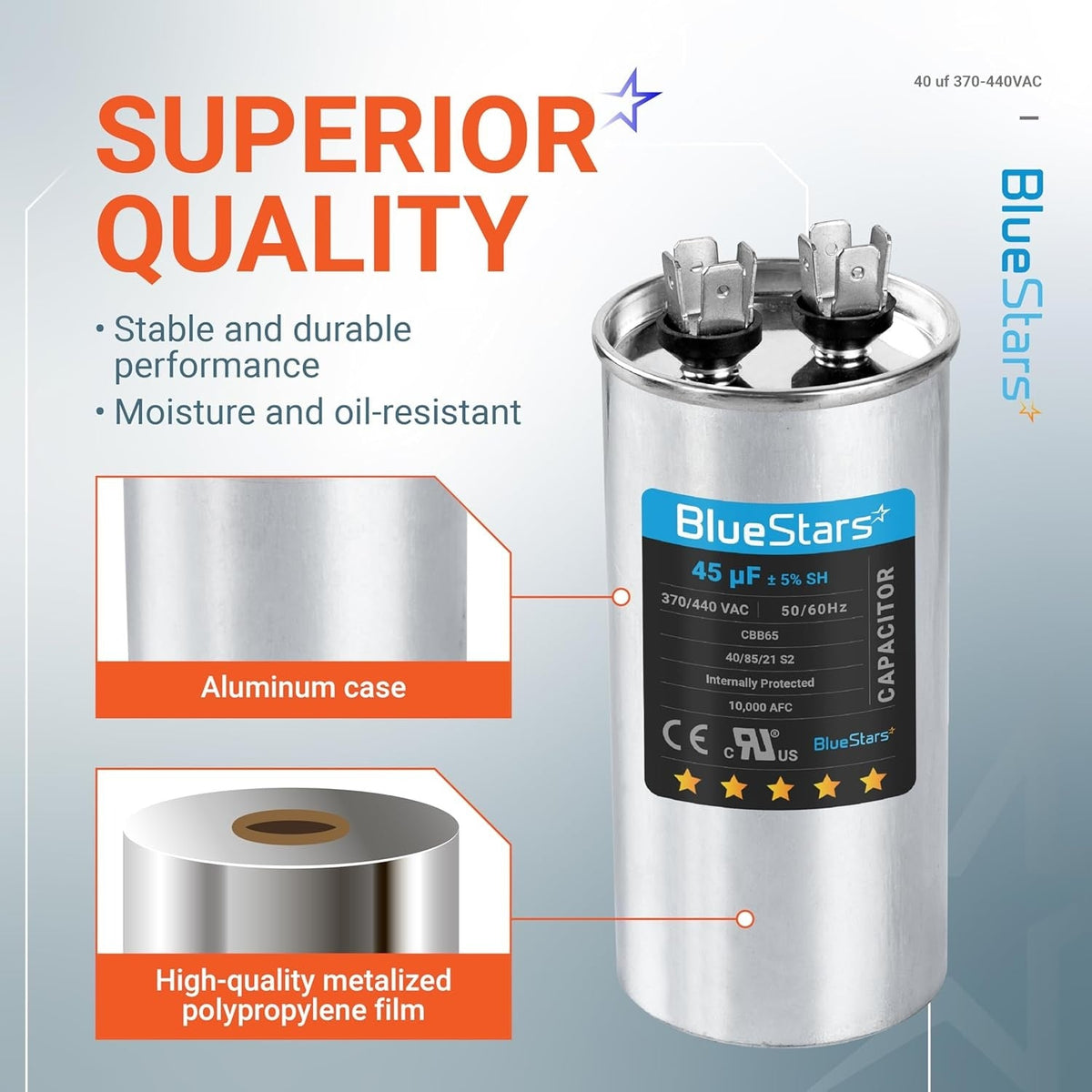 BlueStars 45 uF 370/440 VAC round run capacitor with aluminum case and metalized film construction details.