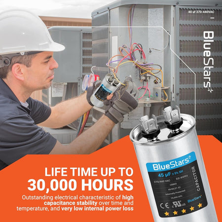 Technician installing a 45 uF 370/440 VAC round run start capacitor into an AC unit.