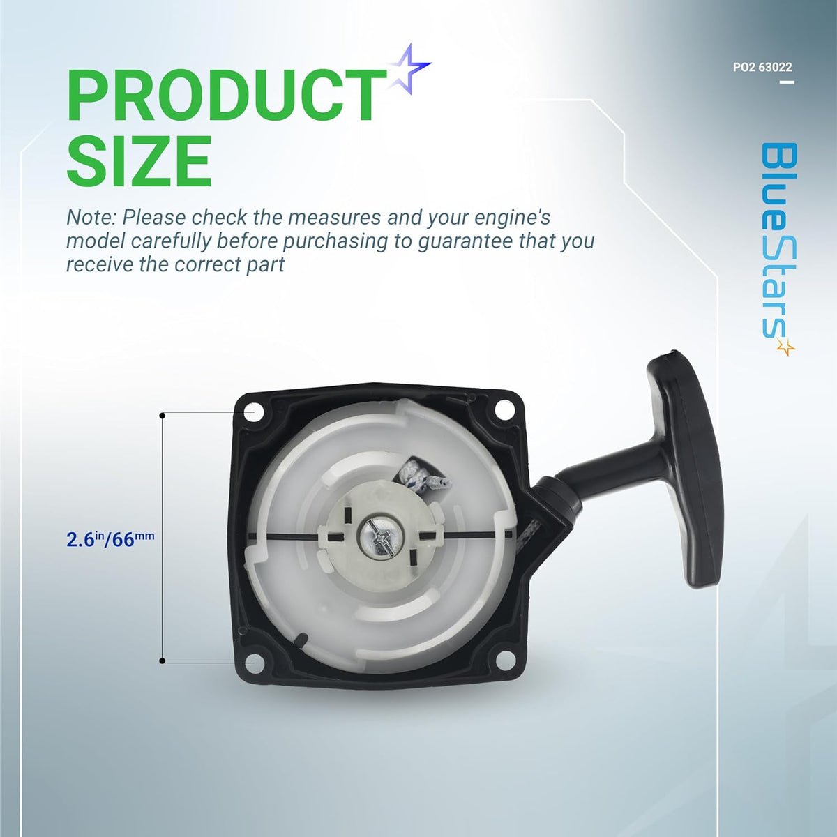 63022 recoil starter pull start for 52cc earth auger showing 2.6 inch measurement diagram.