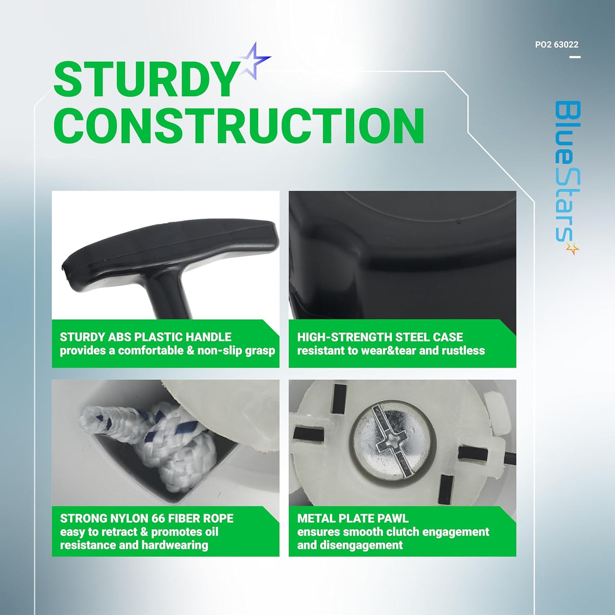 Infographic showing construction details of 63022 recoil starter for Predator and Quake earth augers.