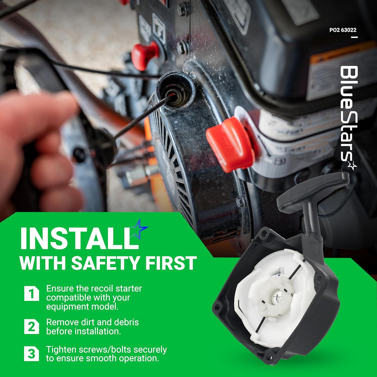 63022 recoil starter pull start for 52cc earth auger with installation safety instructions graphic.