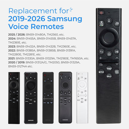 RM-G2300 V1 Voice Smart TV Remote, product lineup and compatibility text with large black remote shown at right
