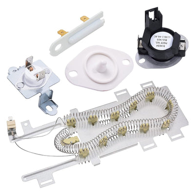Replacement dryer heating element, thermal cut-off kit, and fuse set for Whirlpool and Kenmore dryers.