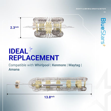 Replacement dryer heating element 8544771 with dimensions showing 13.8-inch length and 2.3-inch height.