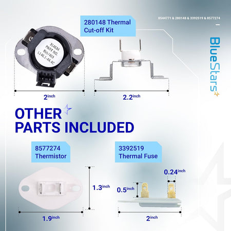 Dryer repair kit including 280148 thermal cut-off, 8577274 thermistor, and 3392519 thermal fuse with dimensions.