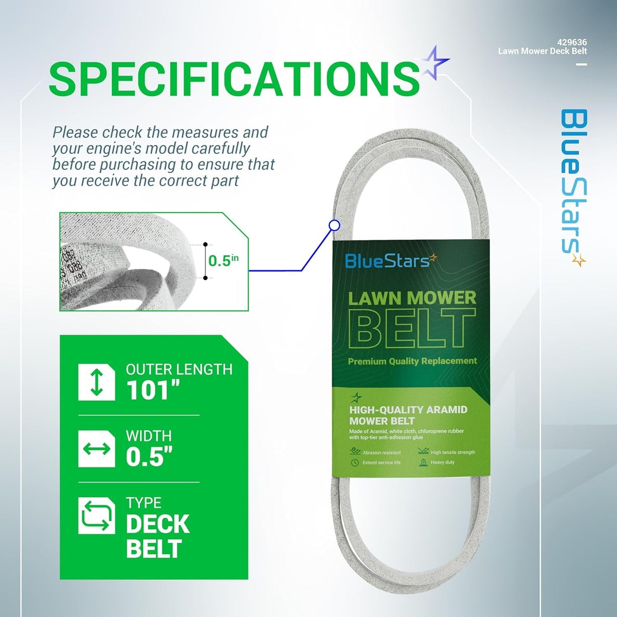 Specification chart for 101-inch lawn mower deck belt showing 0.5-inch width and product details.