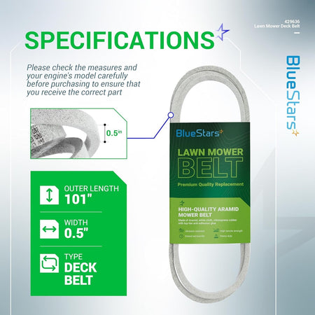 Specification chart for 101-inch lawn mower deck belt showing 0.5-inch width and product details.
