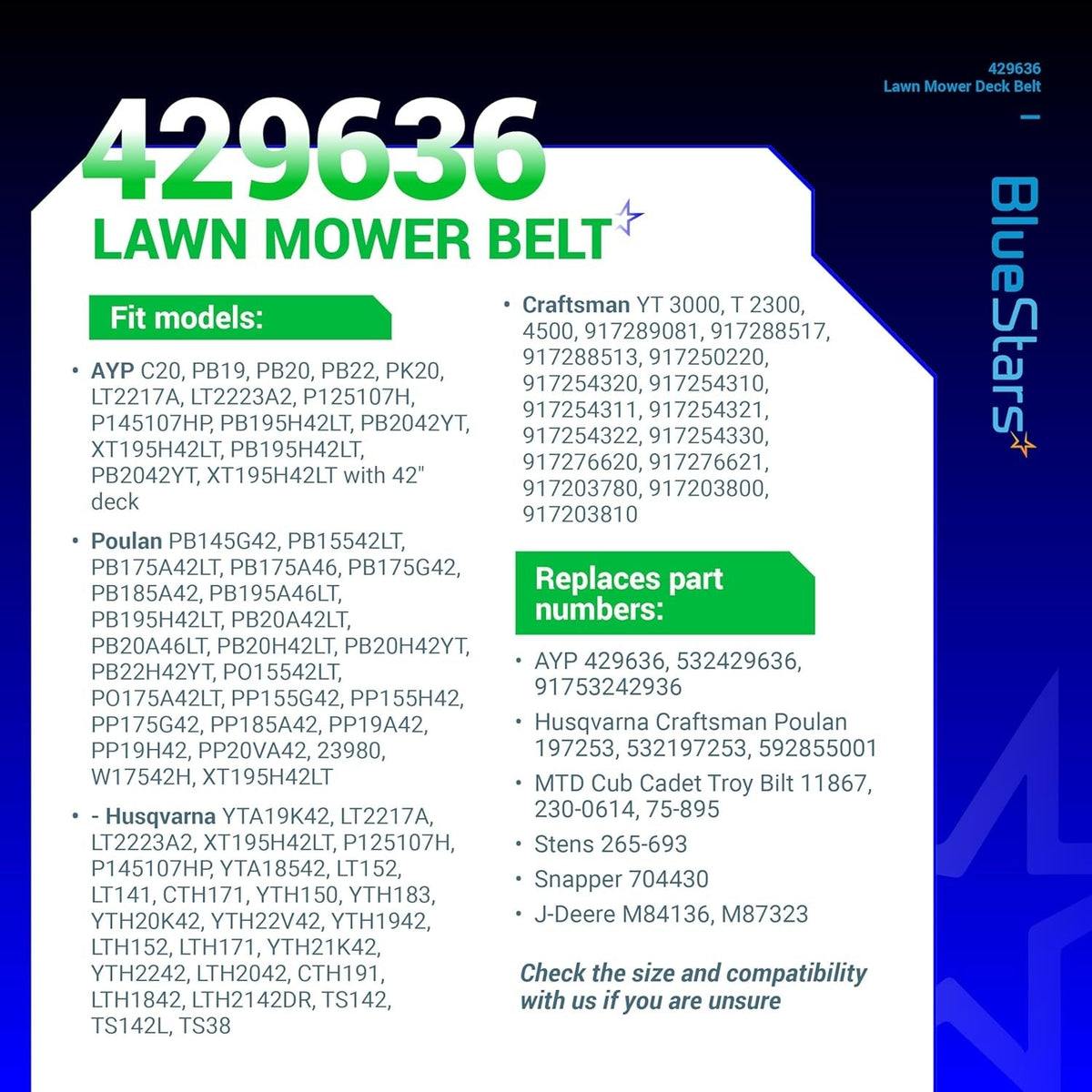 Informational chart for 429636 lawn mower deck belt listing compatible models and replacement part numbers.