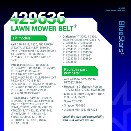 Informational chart for 429636 lawn mower deck belt listing compatible models and replacement part numbers.
