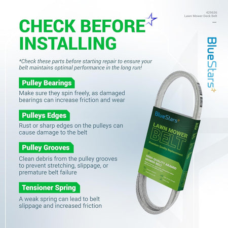 Installation guide for 429636 197253 lawn mower deck belt showing maintenance tips for pulleys and tensioner springs.