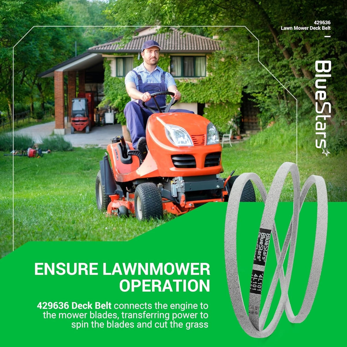 BlueStars 429636 lawn mower deck belt for 42-inch Craftsman and Husqvarna mowers shown in a lifestyle graphic.