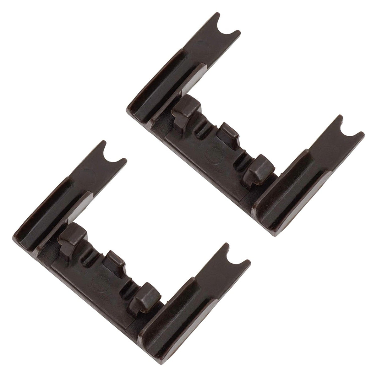 Two brown W10250160 dishwasher rack adjuster arm clip-locks for Whirlpool, Kenmore, and KitchenAid appliances.