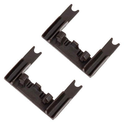 Two brown W10250160 dishwasher rack adjuster arm clip-locks for Whirlpool, Kenmore, and KitchenAid appliances.
