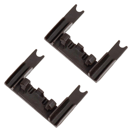 Two brown W10250160 dishwasher rack adjuster arm clip-locks for Whirlpool, Kenmore, and KitchenAid appliances.