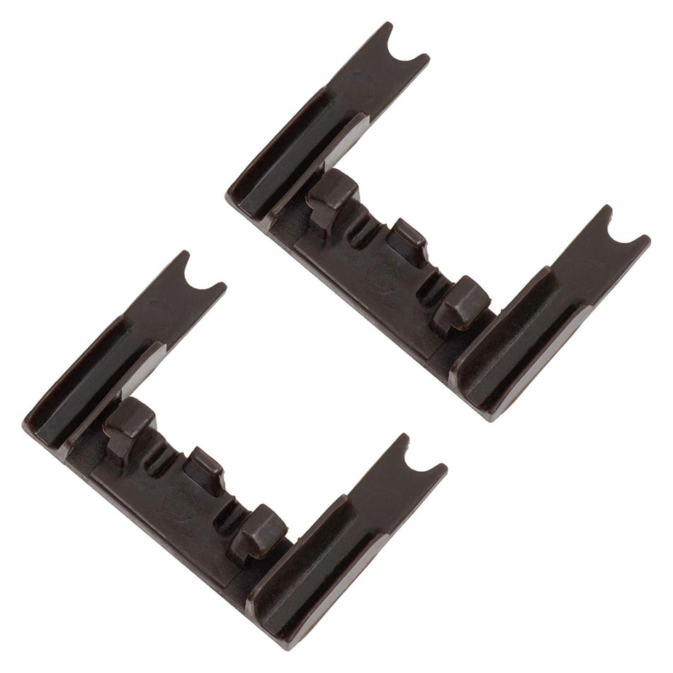 Two brown W10250160 dishwasher rack adjuster arm clip-locks for Whirlpool, Kenmore, and KitchenAid appliances.